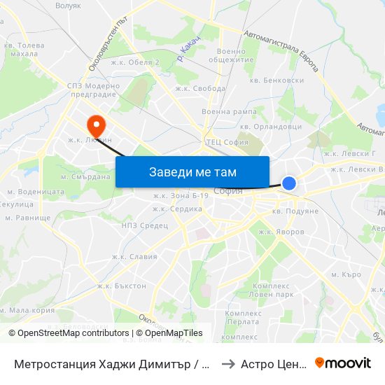 Метростанция Хаджи Димитър / Hadzhi Dimitar Metro Station (0303) to Астро Център "Урания" map