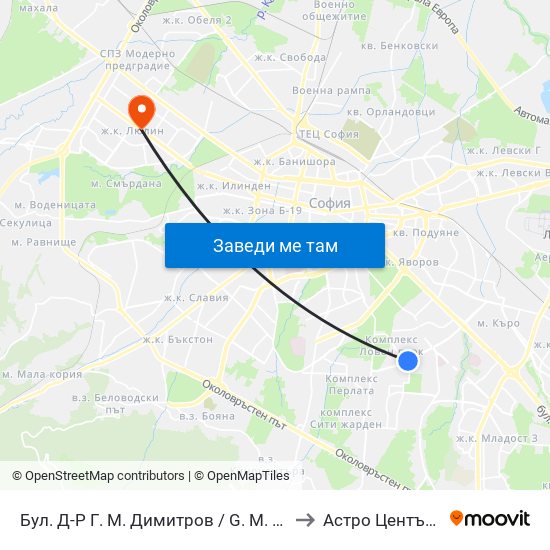 Бул. Д-Р Г. М. Димитров / G. M. Dimitrov Blvd. (0316) to Астро Център "Урания" map