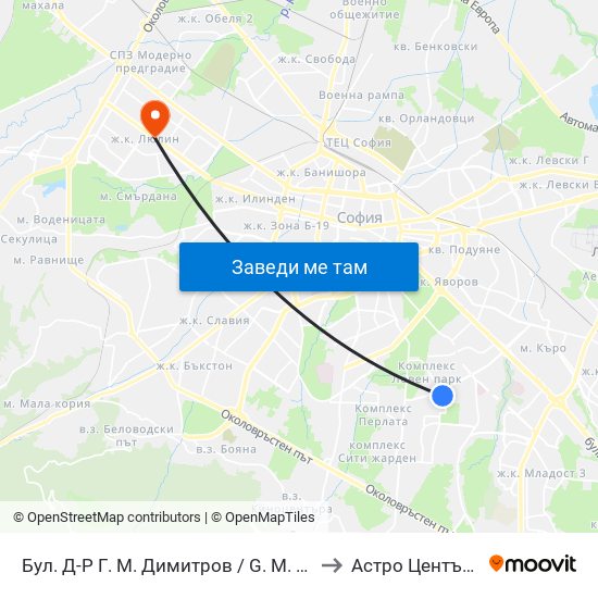 Бул. Д-Р Г. М. Димитров / G. M. Dimitrov Blvd. (0318) to Астро Център "Урания" map