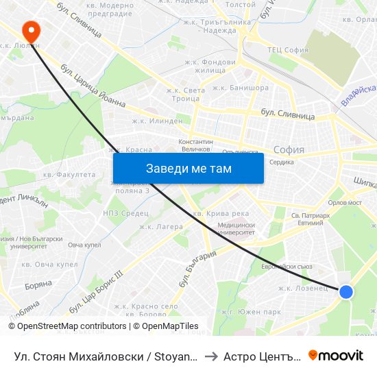 Ул. Стоян Михайловски / Stoyan Mihaylovski St. (2692) to Астро Център "Урания" map