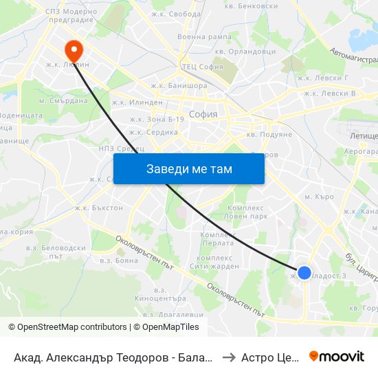 Акад. Александър Теодоров - Балан / Akademik Aleksandar Teodorov - Balan to Астро Център "Урания" map