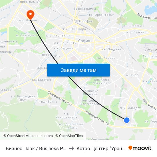 Бизнес Парк / Business Park to Астро Център "Урания" map