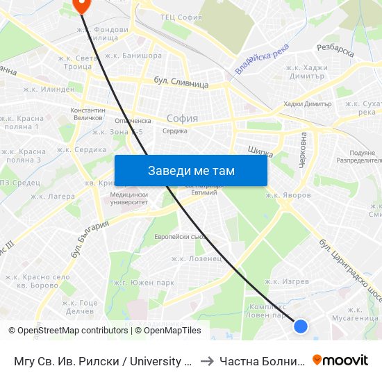 Мгу Св. Ив. Рилски / University Of Mining And Geology (1033) to Частна Болница Йоан Павел map