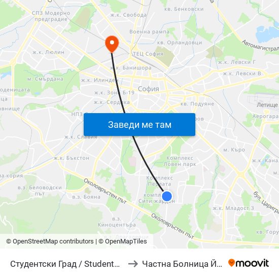 Студентски Град / Students' Town (2382) to Частна Болница Йоан Павел map