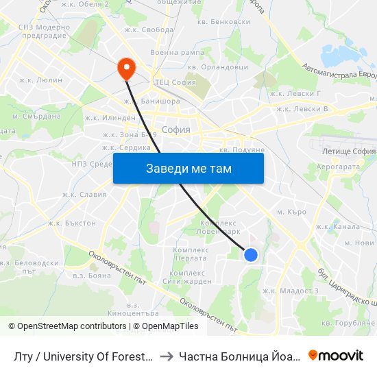 Лту / University Of Forestry (0614) to Частна Болница Йоан Павел map