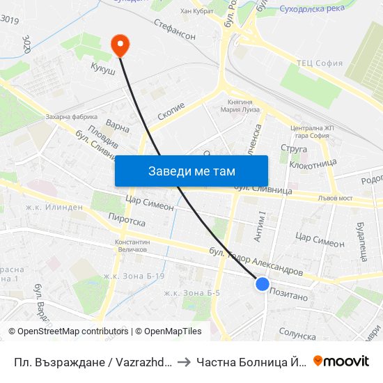 Пл. Възраждане / Vazrazhdane Sq. (1269) to Частна Болница Йоан Павел map