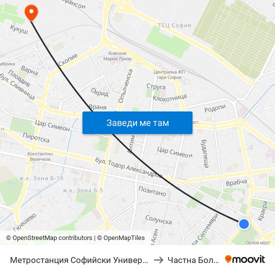 Метростанция Софийски Университет / Sofia University Metro Station (2827) to Частна Болница Йоан Павел map