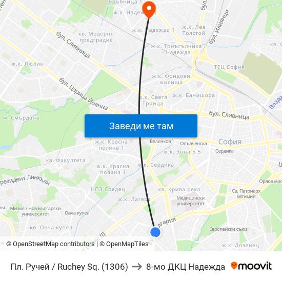 Пл. Ручей / Ruchey Sq. (1306) to 8-мо ДКЦ Надежда map