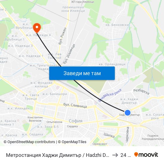 Метростанция Хаджи Димитър / Hadzhi Dimitar Metro Station (0303) to 24 ДКЦ map