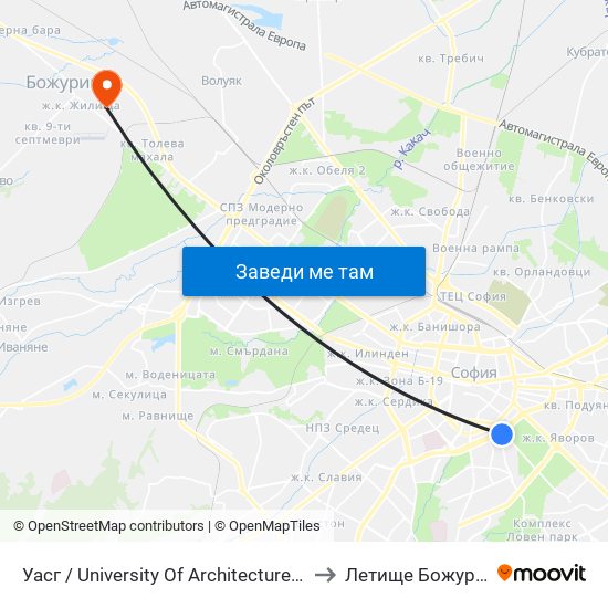 Уасг / University Of Architecture (0387) to Летище Божурище map