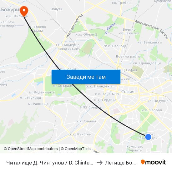 Читалище Д. Чинтулов / D. Chintulov Library (2366) to Летище Божурище map