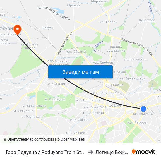 Гара Подуяне / Poduyane Train Station (0466) to Летище Божурище map