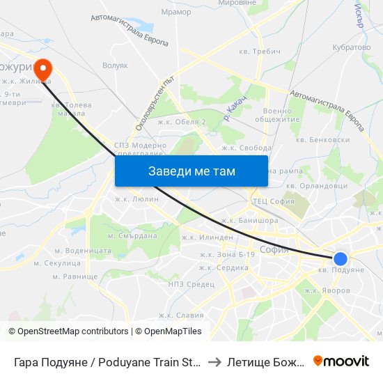 Гара Подуяне / Poduyane Train Station (0468) to Летище Божурище map