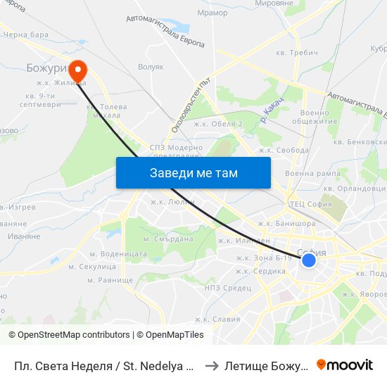 Пл. Света Неделя / St. Nedelya Sq. (1308) to Летище Божурище map