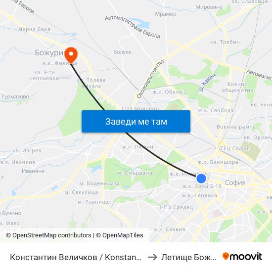 Константин Величков / Konstantin Velichkov to Летище Божурище map