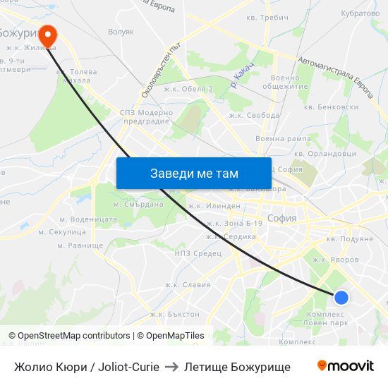 Жолио Кюри / Joliot-Curie to Летище Божурище map