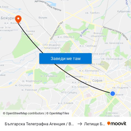 Българска Телеграфна Агенция / Bulgarian News Agency (1395) to Летище Божурище map
