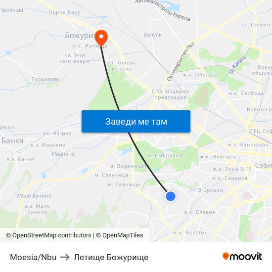 Moesia/Nbu to Летище Божурище map