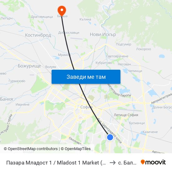 Пазара Младост 1 / Mladost 1 Market (0969) to с. Балша map
