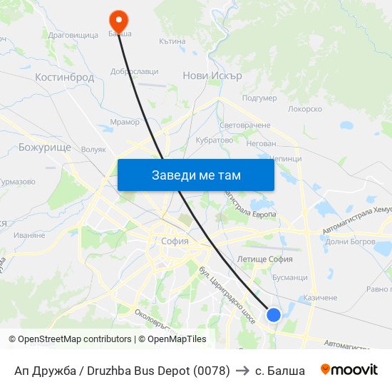 Ап Дружба / Druzhba Bus Depot (0078) to с. Балша map