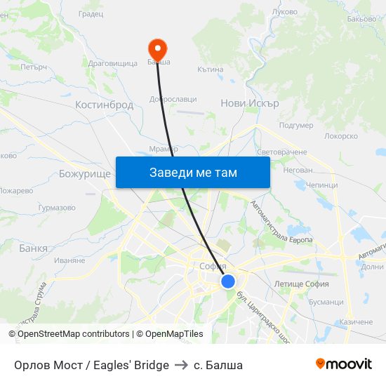 Орлов Мост / Eagles' Bridge to с. Балша map