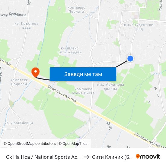 Ск На Нса / National Sports Academy (1609) to Сити Клиник (Siti Klinik) map