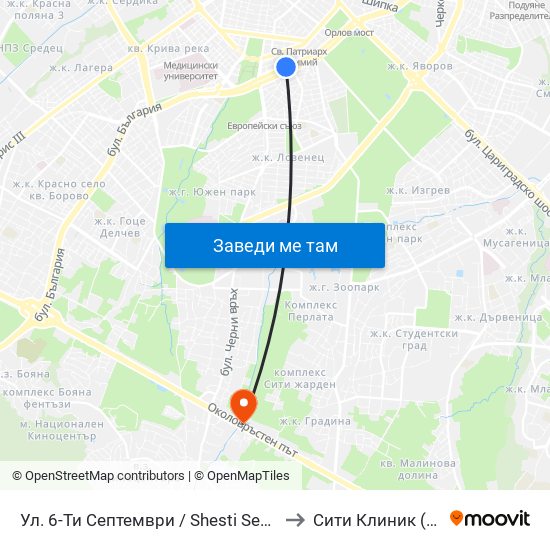 Ул. 6-Ти Септември / Shesti Septemvri St. (1808) to Сити Клиник (Siti Klinik) map