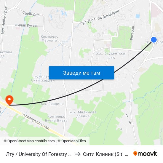 Лту / University Of Forestry (0614) to Сити Клиник (Siti Klinik) map