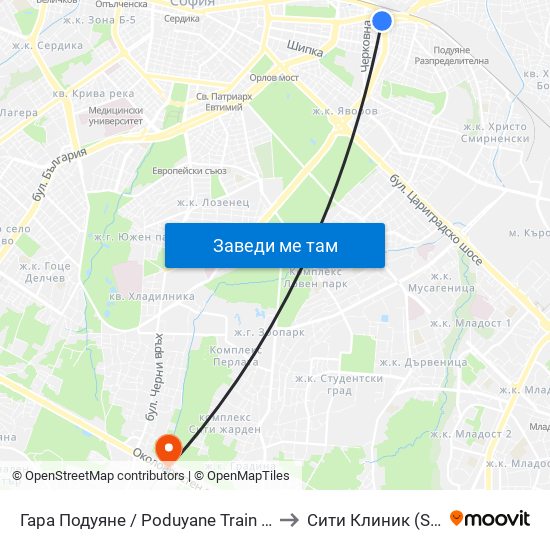 Гара Подуяне / Poduyane Train Station (0468) to Сити Клиник (Siti Klinik) map