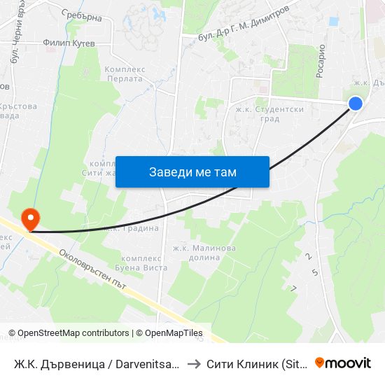 Ж.К. Дървеница / Darvenitsa Qr. (0800) to Сити Клиник (Siti Klinik) map