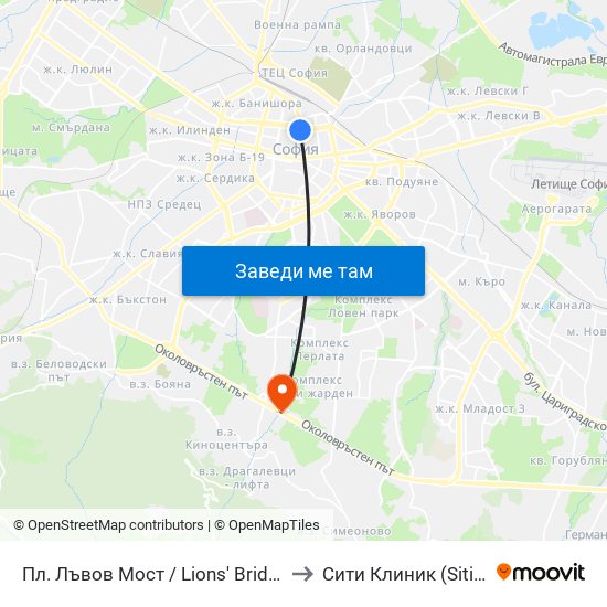 Пл. Лъвов Мост / Lions' Bridge (1276) to Сити Клиник (Siti Klinik) map