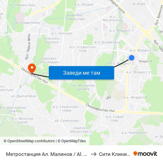 Метростанция Ал. Малинов / Al. Malinov Metro Station (0169) to Сити Клиник (Siti Klinik) map