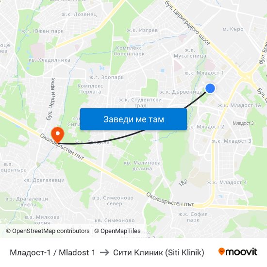 Младост-1 / Mladost 1 to Сити Клиник (Siti Klinik) map