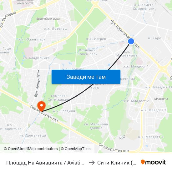 Площад На Авиацията / Aviation Square (1257) to Сити Клиник (Siti Klinik) map