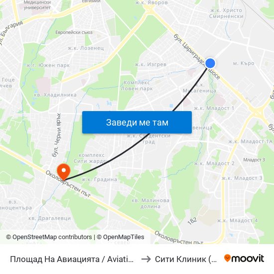 Площад На Авиацията / Aviation Square (1258) to Сити Клиник (Siti Klinik) map