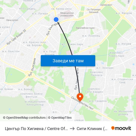 Център По Хигиена / Centre Of Hygiene (2343) to Сити Клиник (Siti Klinik) map