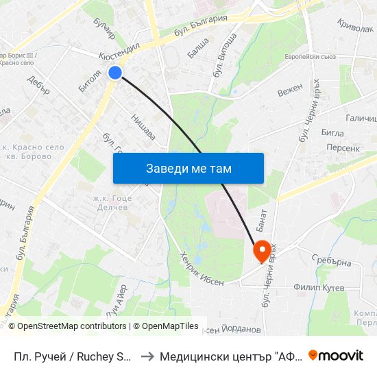 Пл. Ручей / Ruchey Sq. (1306) to Медицински център ''АФРОДИТА'' map