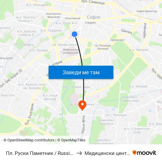 Пл. Руски Паметник / Russian Monument Sq. (1296) to Медицински център ''АФРОДИТА'' map