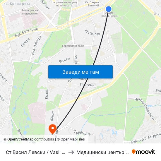 Ст.Васил Левски / Vasil Levski Stadium to Медицински център ''АФРОДИТА'' map