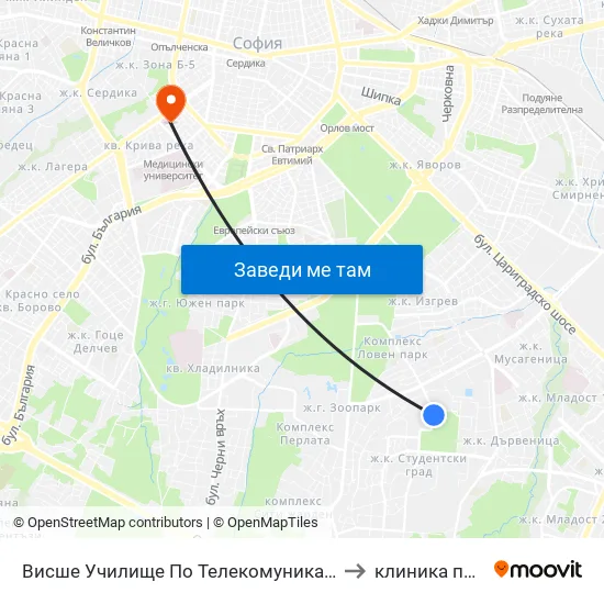 Висше Училище По Телекомуникации / University Of Telecommunications And Post (1397) to клиника по изгаряния пирогов map