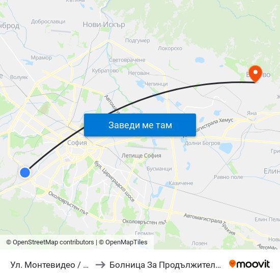 Ул. Монтевидео / Montevideo St. (2050) to Болница За Продължително Лечение И Рехабилитация map