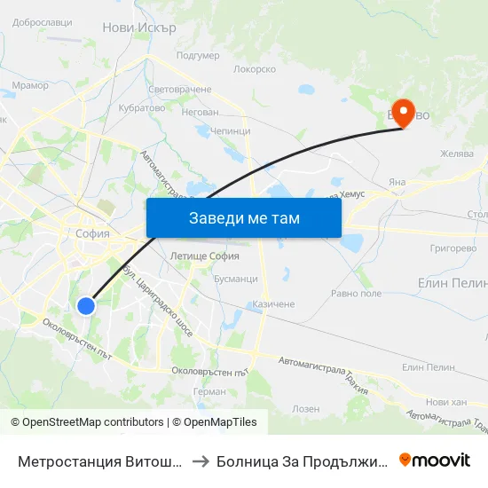 Ⓜ️ Метростанция Витоша / Vitosha Metro Station (2654) to Болница За Продължително Лечение И Рехабилитация map