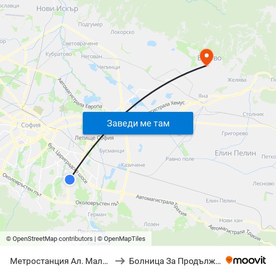 Метростанция Ал. Малинов / Al. Malinov Metro Station (0169) to Болница За Продължително Лечение И Рехабилитация map
