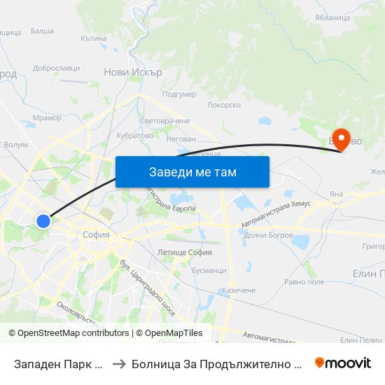 Западен Парк / Zapaden Park to Болница За Продължително Лечение И Рехабилитация map