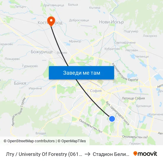🎓 Лесотехнически Университет / University Of Forestry (0614) to Стадион Белица map