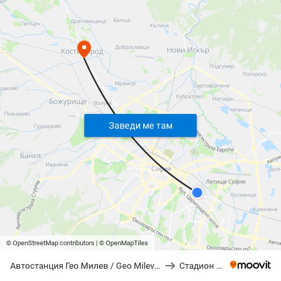 Автостанция Гео Милев / Geo Milev Bus Station (0052) to Стадион Белица map