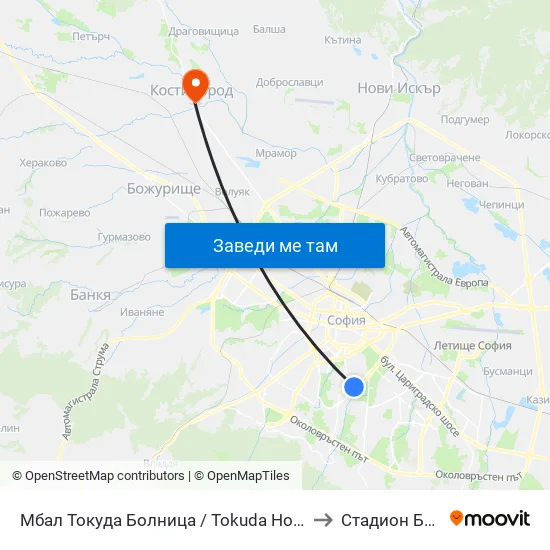 Мбал Токуда Болница / Tokuda Hospital (0206) to Стадион Белица map
