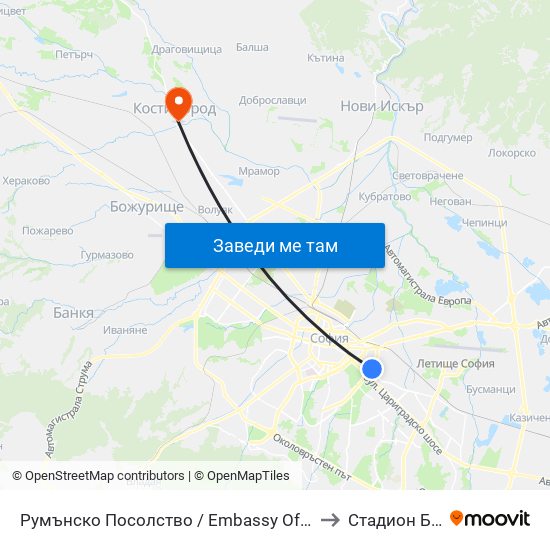 Румънско Посолство / Embassy Of Romania (1489) to Стадион Белица map