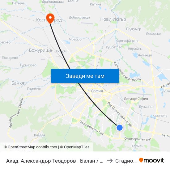 Акад. Александър Теодоров - Балан / Akademik Aleksandar Teodorov - Balan to Стадион Белица map
