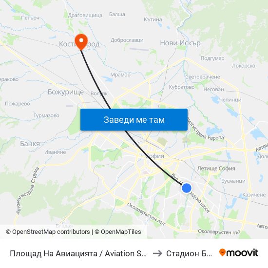 Площад На Авиацията / Aviation Square (1257) to Стадион Белица map